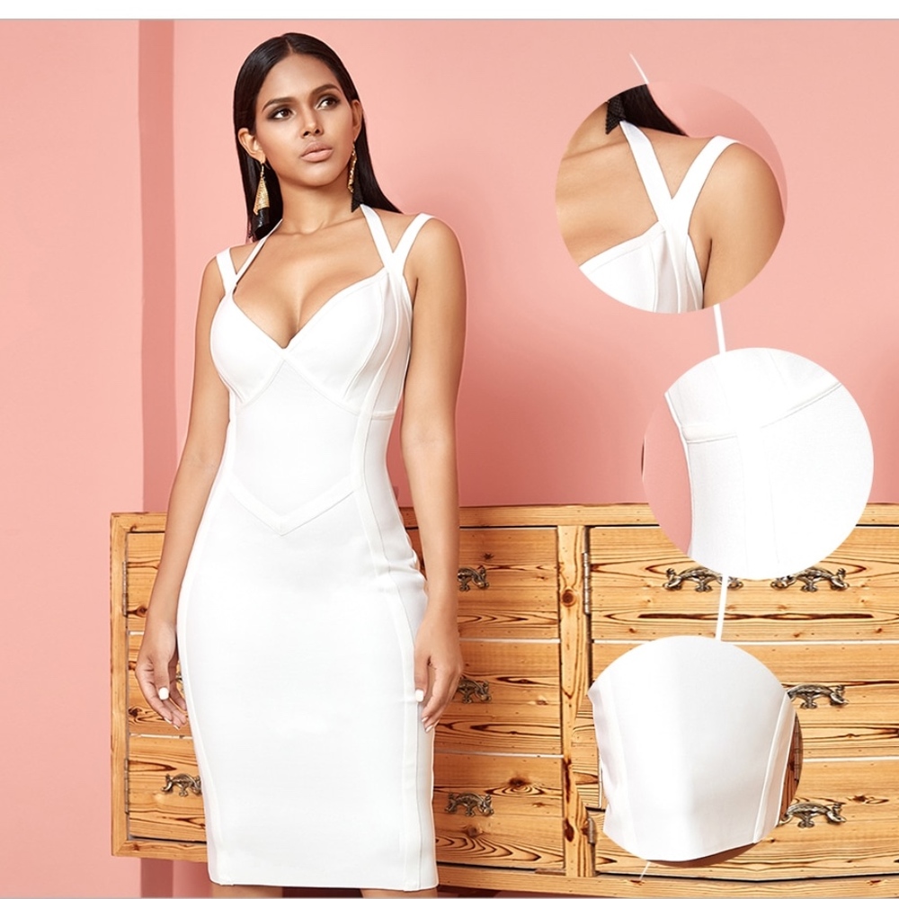 🎥 Bandage V-Neck Strappy Midi Dress in White - Picture 4 of 14